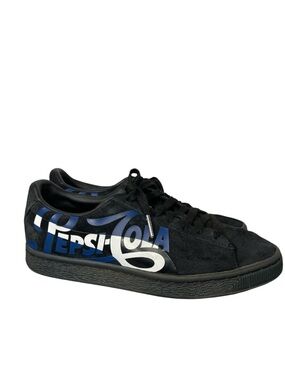 Puma Black Suede Sneakers with Blue and White Pepsi Graphic